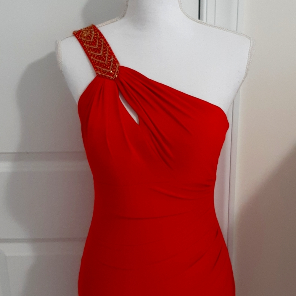 Cache red sheath one-shoulder dress 0